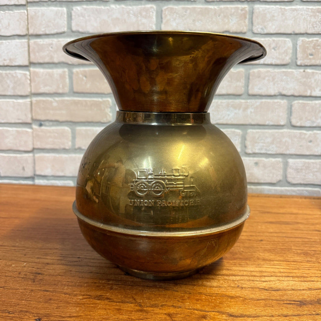 Vintage Union Pacific Railroad Brass Spittoon Embossed Logo Train