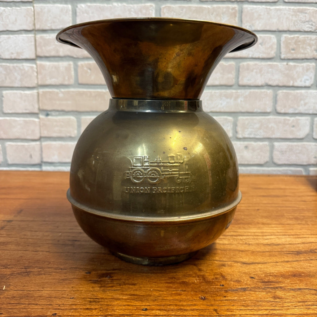 Vintage Union Pacific Railroad Brass Spittoon Embossed Logo Train