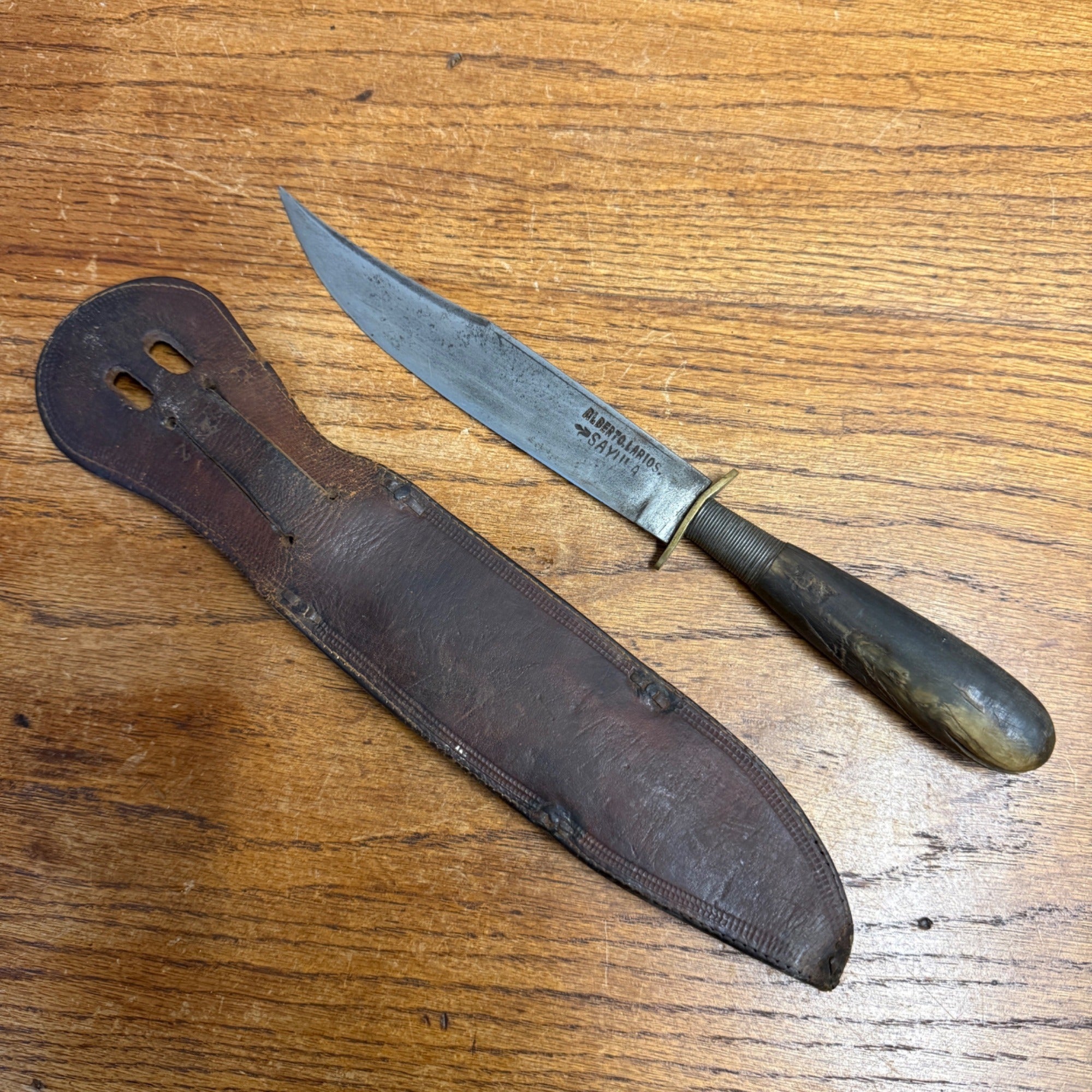 Vintage Alberto Larios Fixed Blade Knife & Sheath Sayula Mexican Fighting Knife
