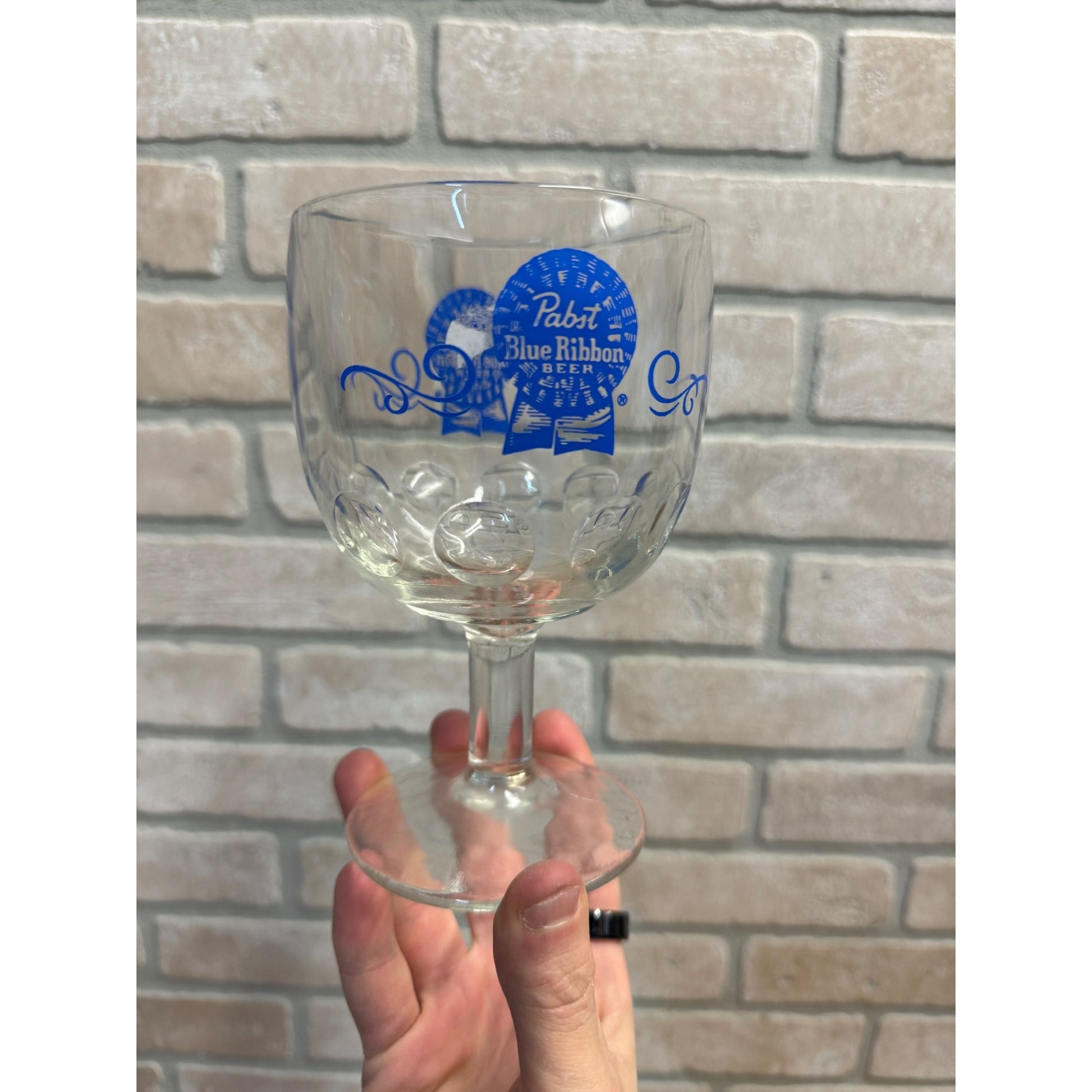 Vintage Pabst Blue Ribbon Blue ACL Beer Goblet Glass Stemmed