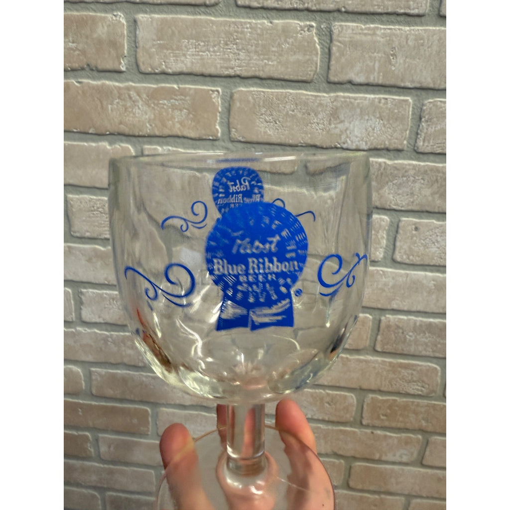Vintage Pabst Blue Ribbon Blue ACL Beer Goblet Glass Stemmed