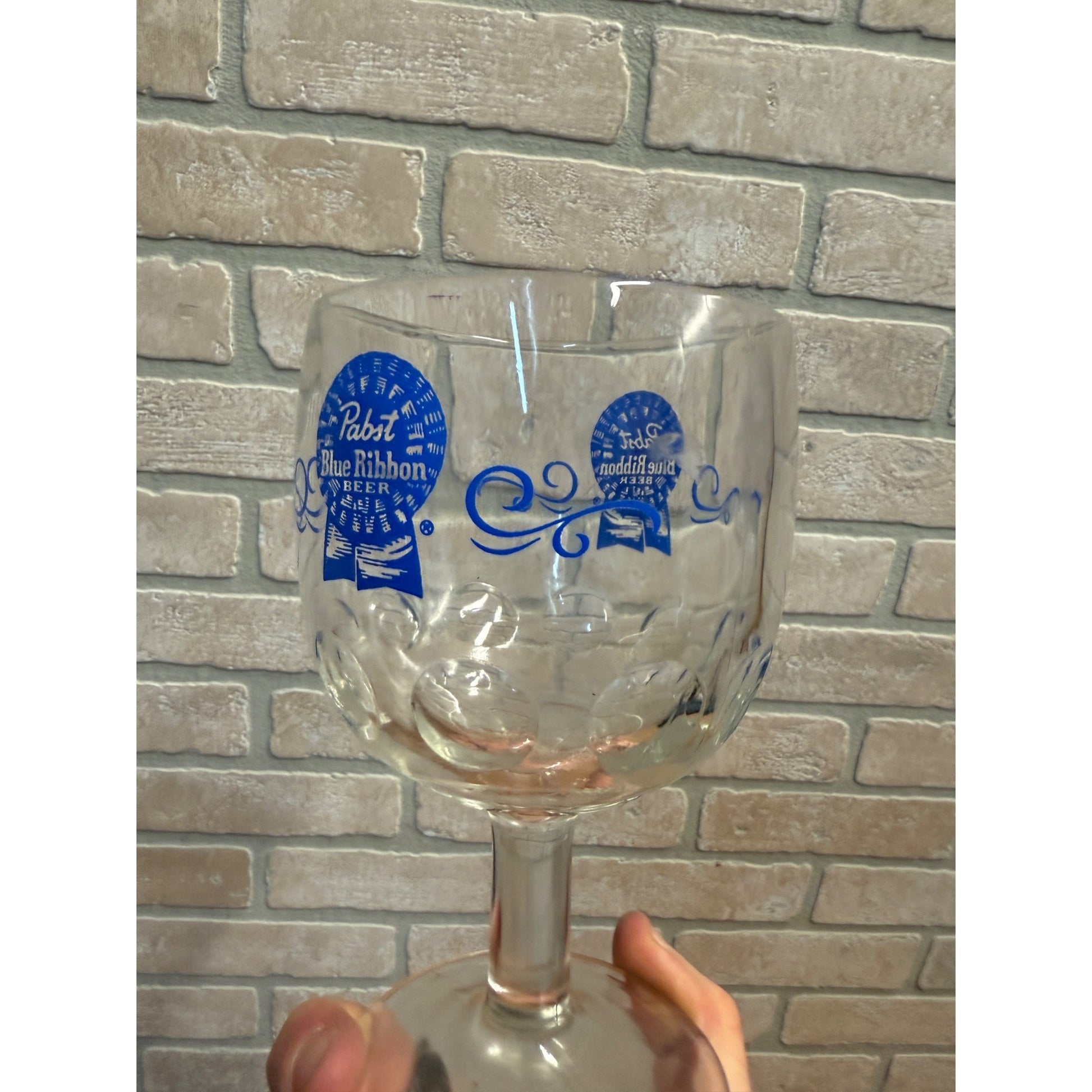 Vintage Pabst Blue Ribbon Blue ACL Beer Goblet Glass Stemmed