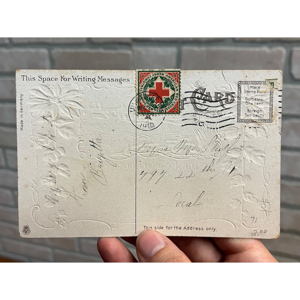 Vintage 1910 Christmas Postcard w/ Christmas Seal Tied US American Red Cross
