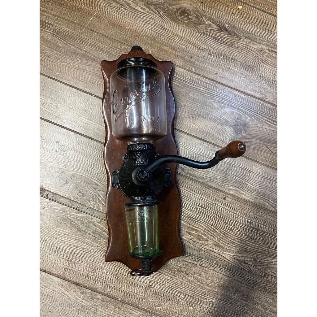 Vintage Arcade Crystal No. 3 Wall Mount Glass Coffee Grinder Cast Iron - Works!