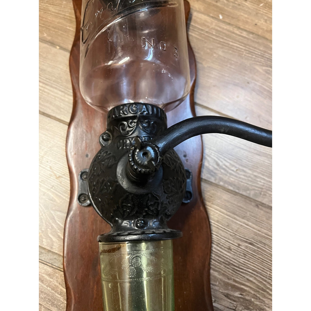 Vintage Arcade Crystal No. 3 Wall Mount Glass Coffee Grinder Cast Iron - Works!