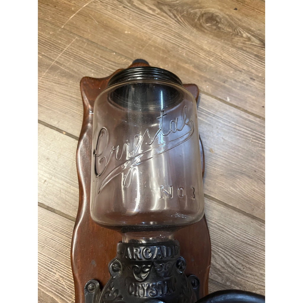 Vintage Arcade Crystal No. 3 Wall Mount Glass Coffee Grinder Cast Iron - Works!