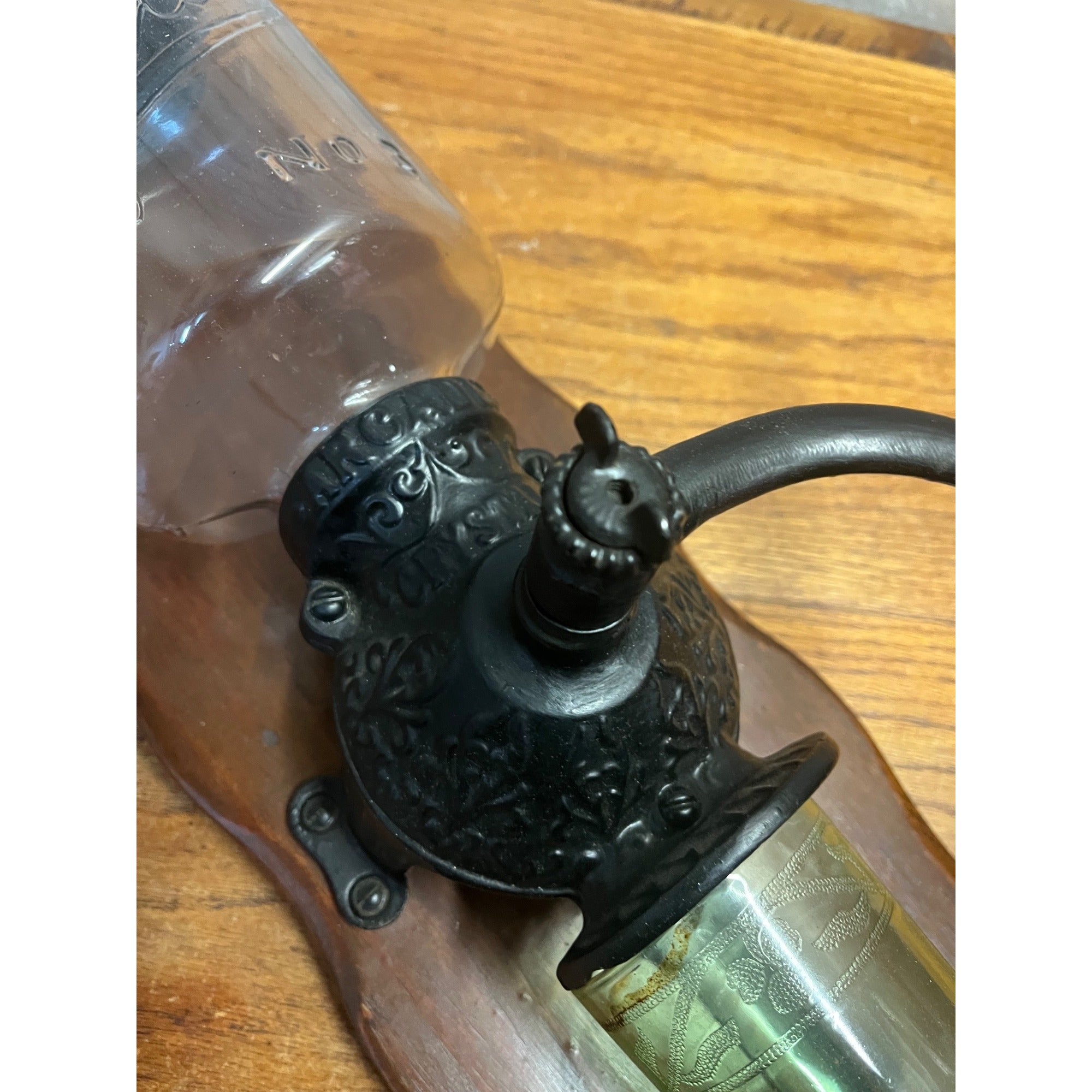Vintage Arcade Crystal No. 3 Wall Mount Glass Coffee Grinder Cast Iron - Works!