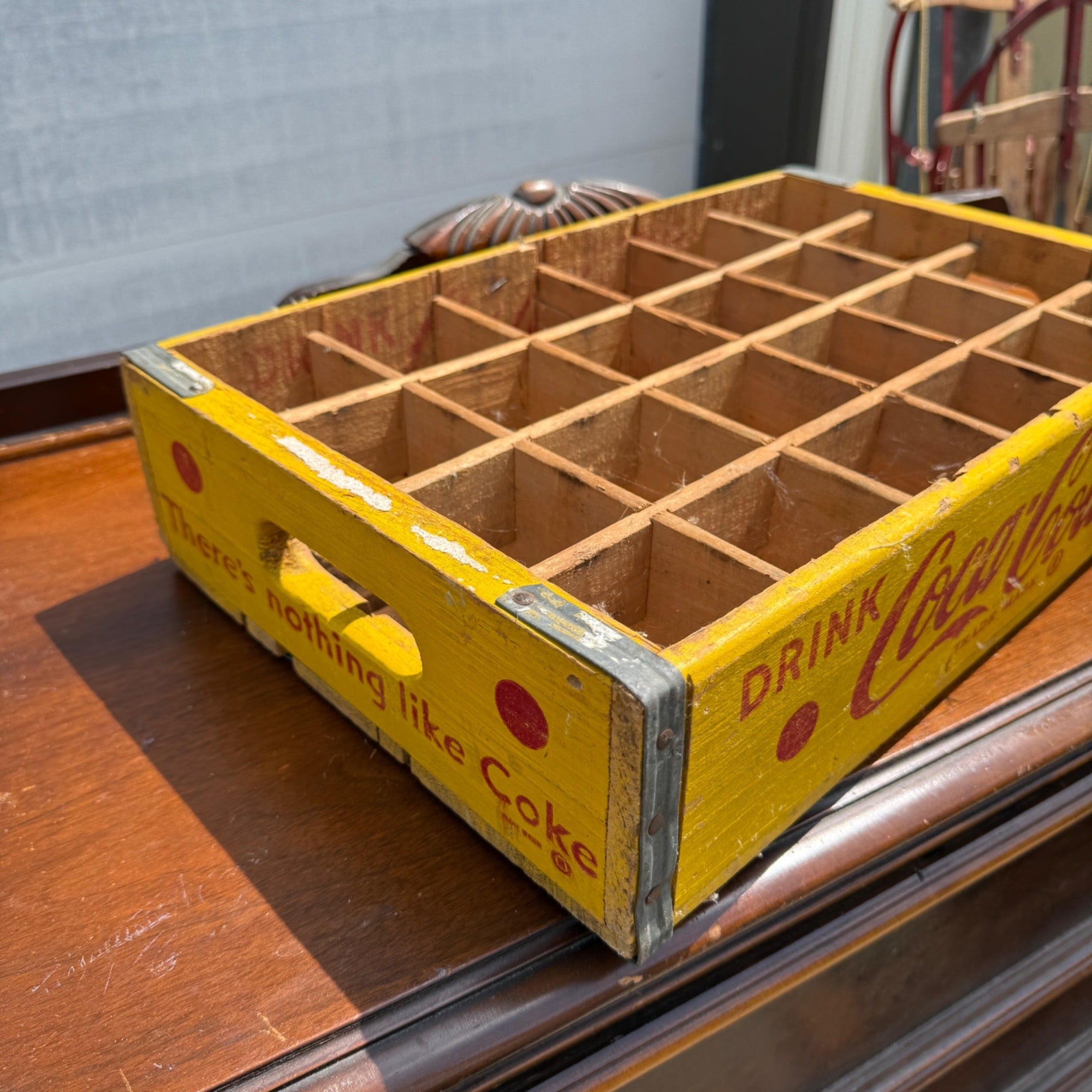 Vintage Wooden Coca Cola Yellow & Red Bottle Carrier Crate Case Coke Advertising
