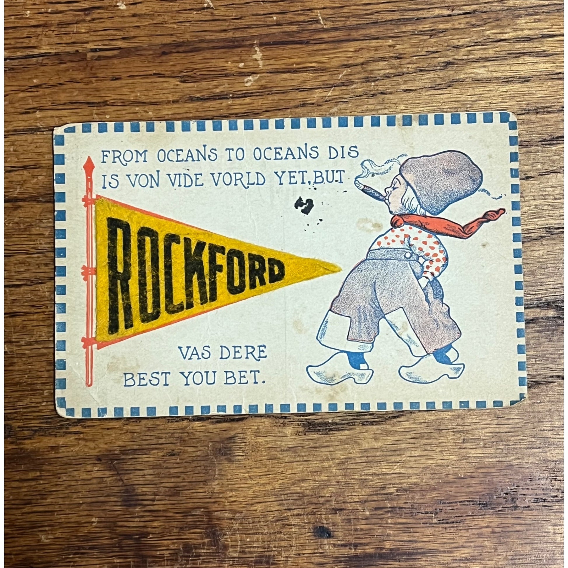 Divided Back Felt Pennant Postcard Rockford IL Comic German Dialect