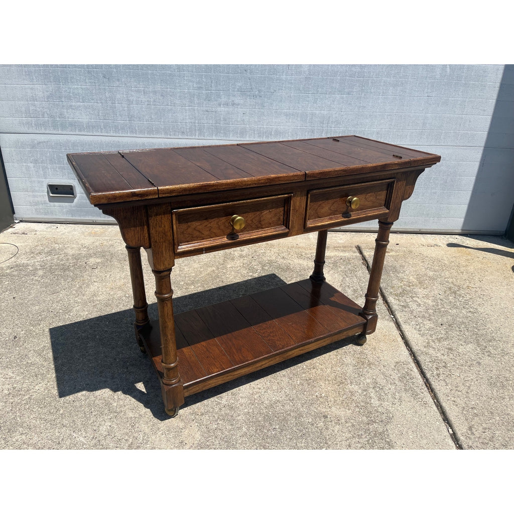 Vintage Century Furniture Oak Library Sofa Table w/ Flip Top Leaves & Brass Casters 1980s MCM