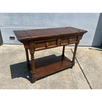 Vintage Century Furniture Oak Library Sofa Table w/ Flip Top Leaves & Brass Casters 1980s MCM