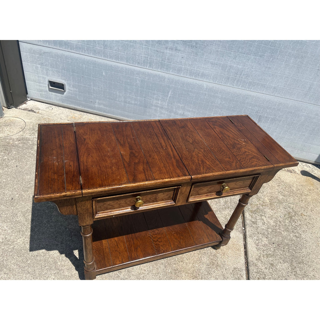 Vintage Century Furniture Oak Library Sofa Table w/ Flip Top Leaves & Brass Casters 1980s MCM