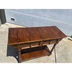 Vintage Century Furniture Oak Library Sofa Table w/ Flip Top Leaves & Brass Casters 1980s MCM