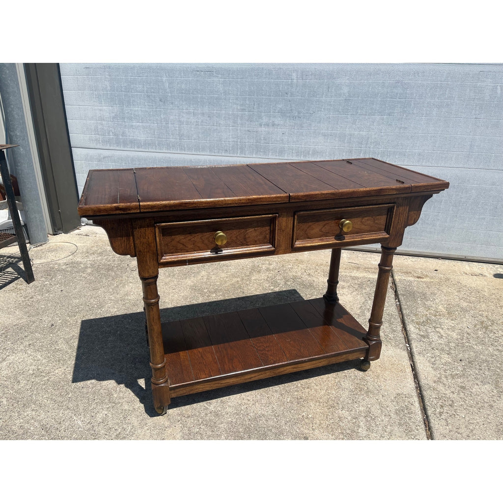 Vintage Century Furniture Oak Library Sofa Table w/ Flip Top Leaves & Brass Casters 1980s MCM