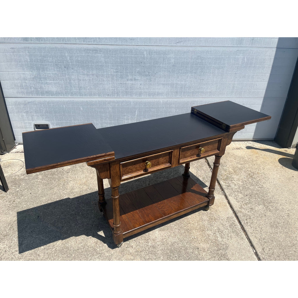 Vintage Century Furniture Oak Library Sofa Table w/ Flip Top Leaves & Brass Casters 1980s MCM