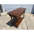 Vintage Century Furniture Oak Library Sofa Table w/ Flip Top Leaves & Brass Casters 1980s MCM