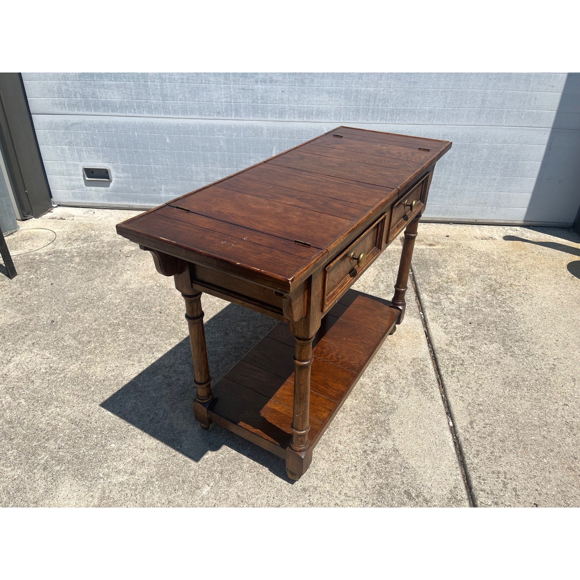 Vintage Century Furniture Oak Library Sofa Table w/ Flip Top Leaves & Brass Casters 1980s MCM