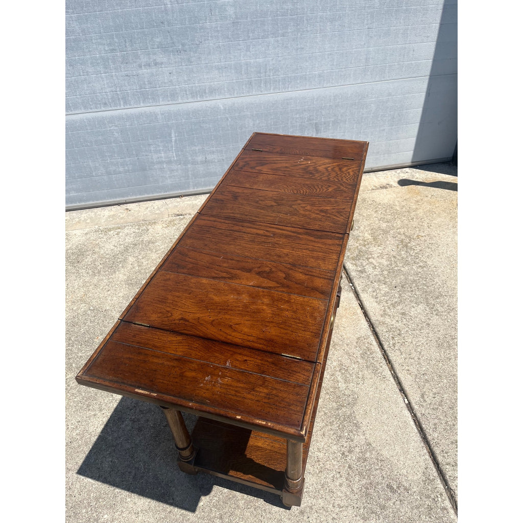 Vintage Century Furniture Oak Library Sofa Table w/ Flip Top Leaves & Brass Casters 1980s MCM