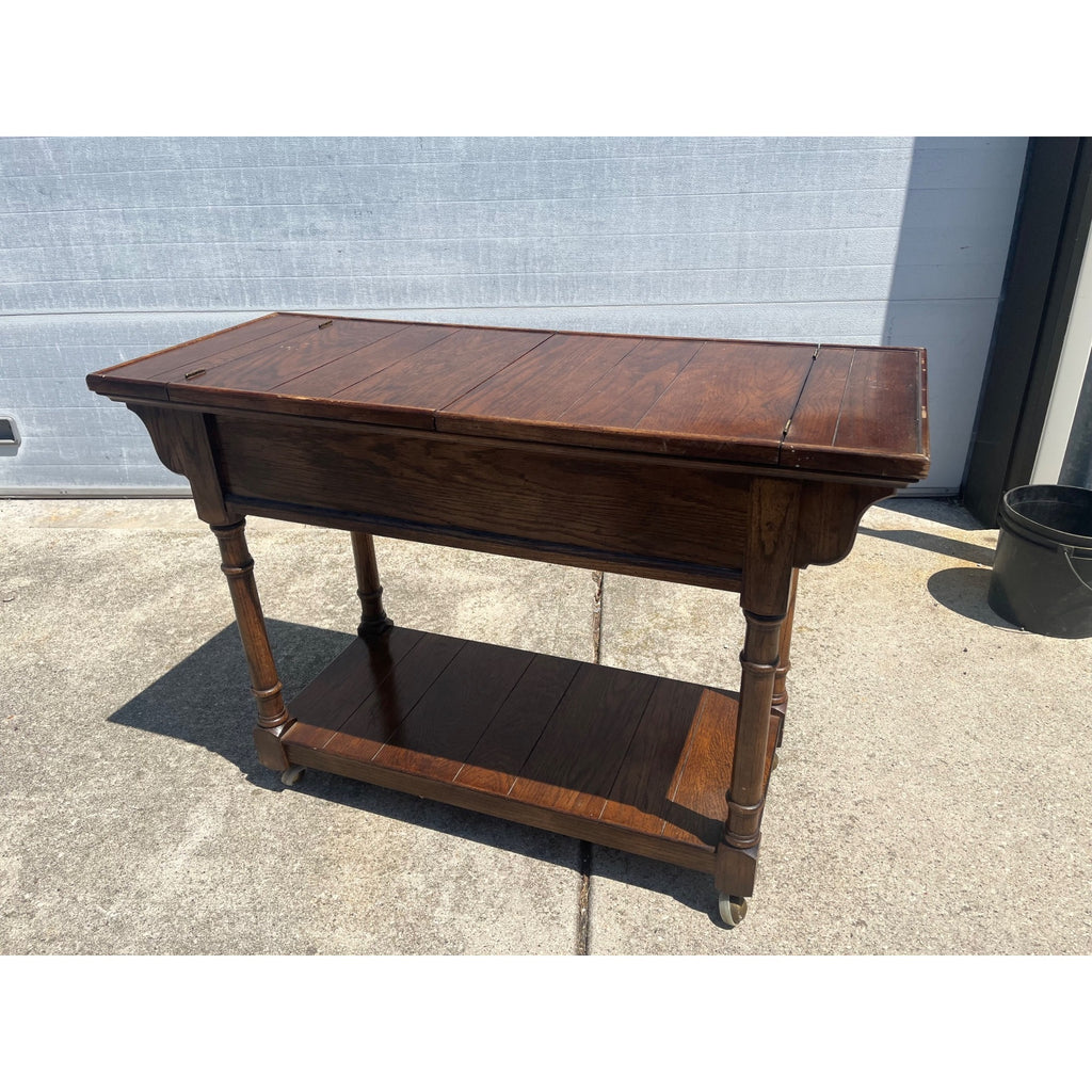 Vintage Century Furniture Oak Library Sofa Table w/ Flip Top Leaves & Brass Casters 1980s MCM