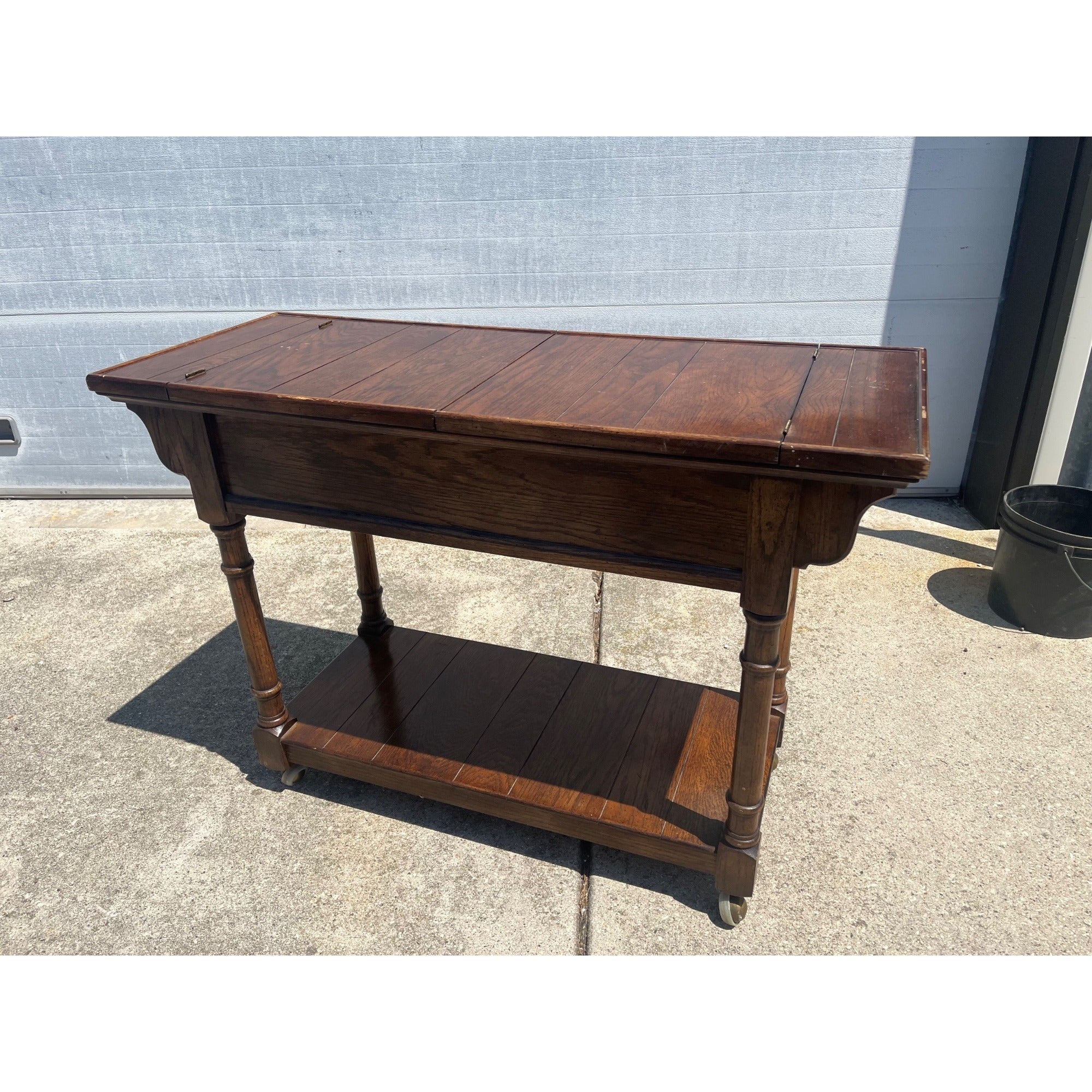 Vintage Century Furniture Oak Library Sofa Table w/ Flip Top Leaves & Brass Casters 1980s MCM