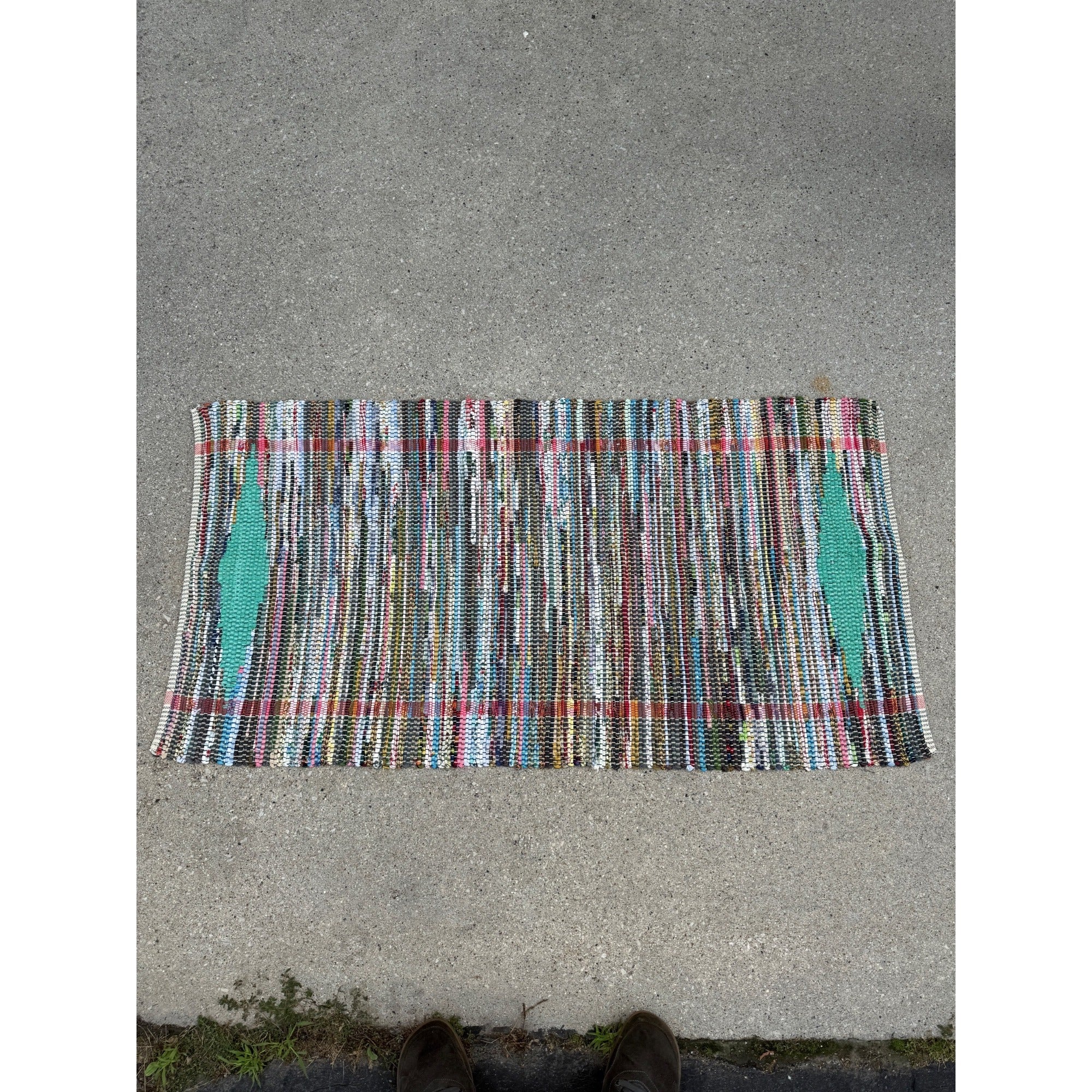 Handwoven Colorful Rag Rug Multi-Color Striped Design Boho Style 1970s Vintage Floor Decor