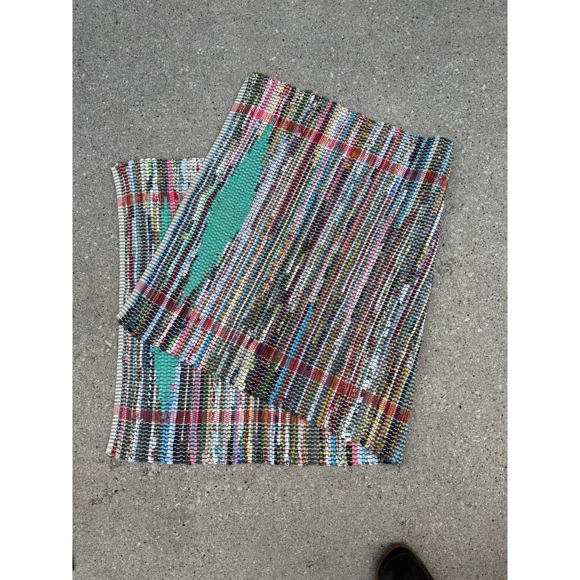 Handwoven Colorful Rag Rug Multi-Color Striped Design Boho Style 1970s Vintage Floor Decor