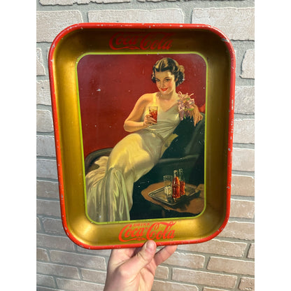 Vintage 1936 Drink Coca Cola Advertising Sign Aserving Tray w/ Girl Art Deco