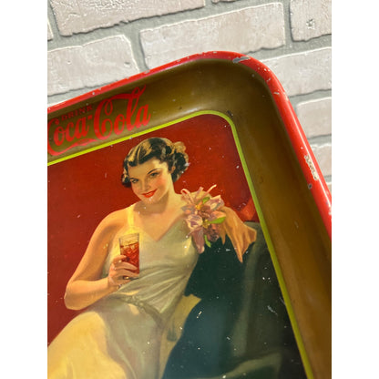 Vintage 1936 Drink Coca Cola Advertising Sign Aserving Tray w/ Girl Art Deco