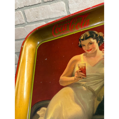 Vintage 1936 Drink Coca Cola Advertising Sign Aserving Tray w/ Girl Art Deco