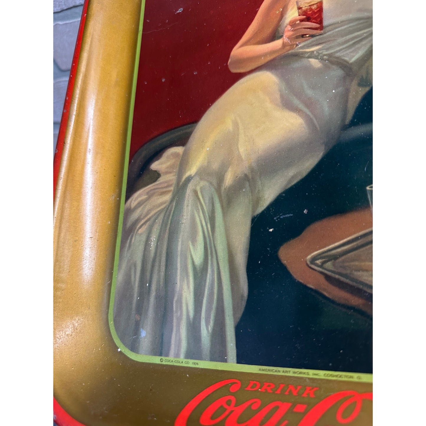 Vintage 1936 Drink Coca Cola Advertising Sign Aserving Tray w/ Girl Art Deco