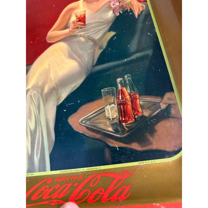 Vintage 1936 Drink Coca Cola Advertising Sign Aserving Tray w/ Girl Art Deco