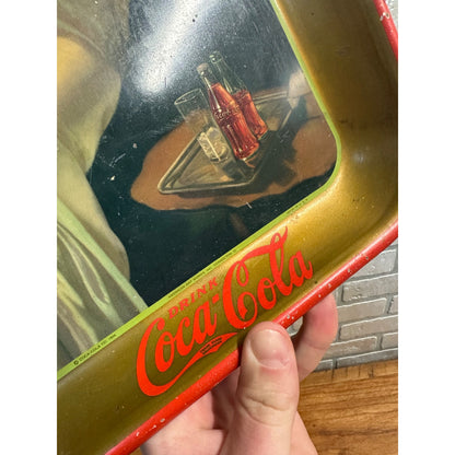 Vintage 1936 Drink Coca Cola Advertising Sign Aserving Tray w/ Girl Art Deco