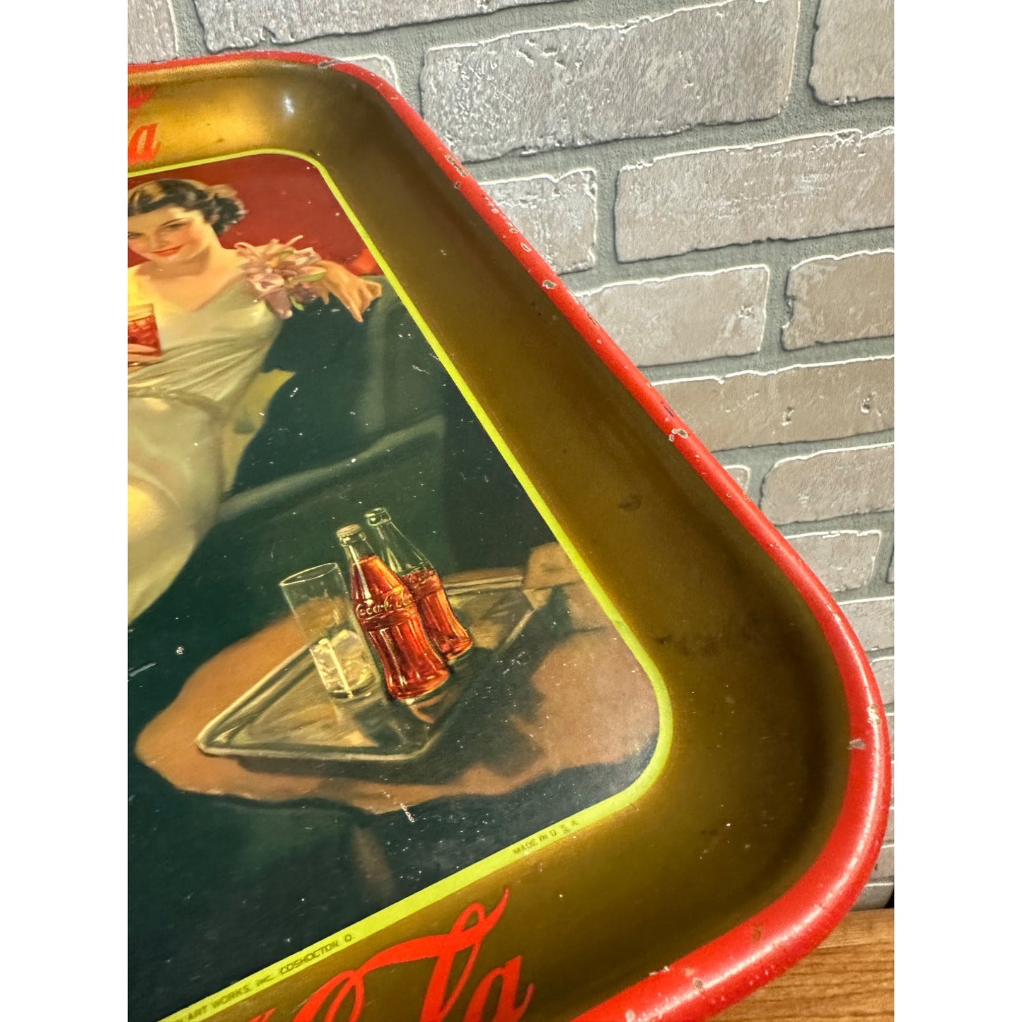 Vintage 1936 Drink Coca Cola Advertising Sign Aserving Tray w/ Girl Art Deco