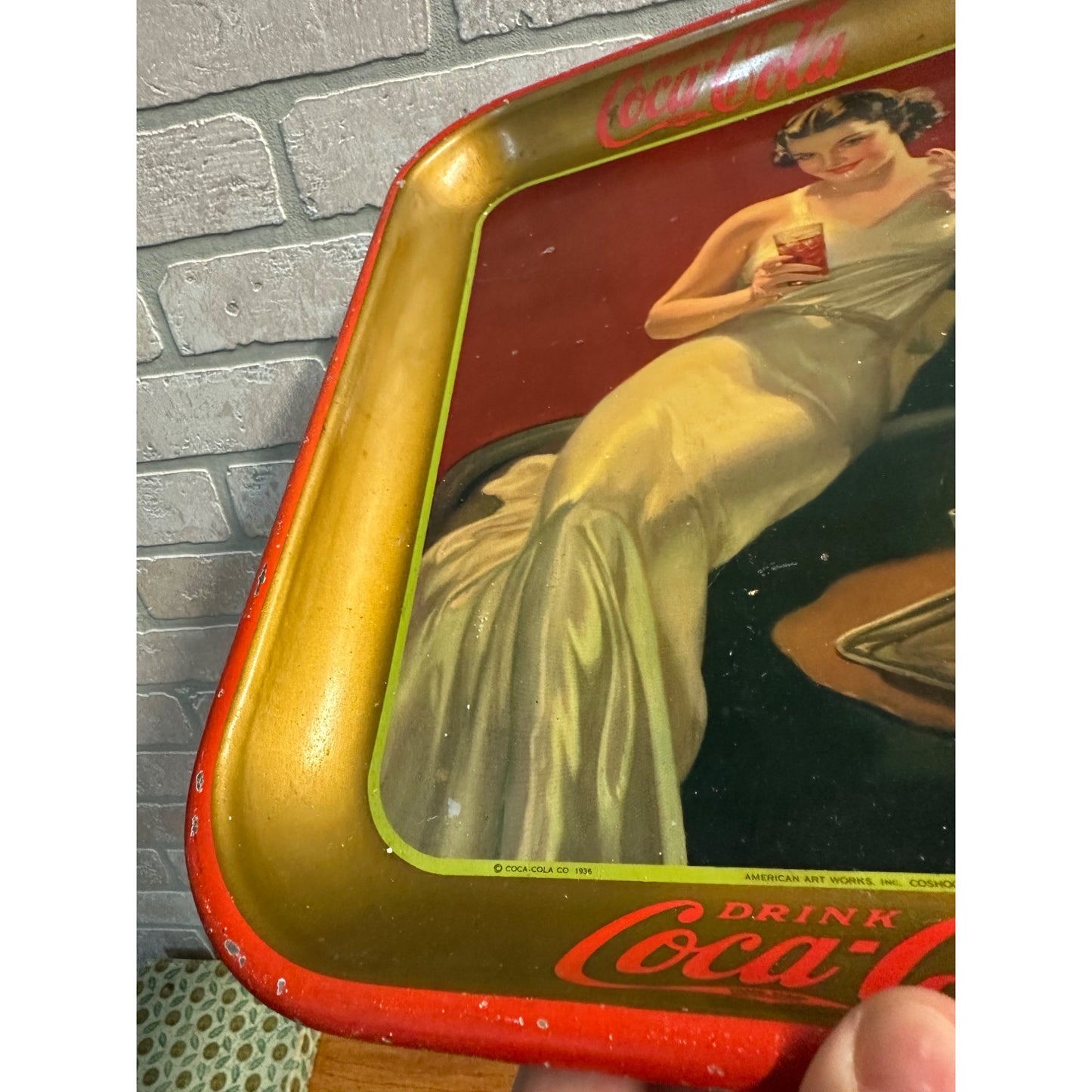 Vintage 1936 Drink Coca Cola Advertising Sign Aserving Tray w/ Girl Art Deco