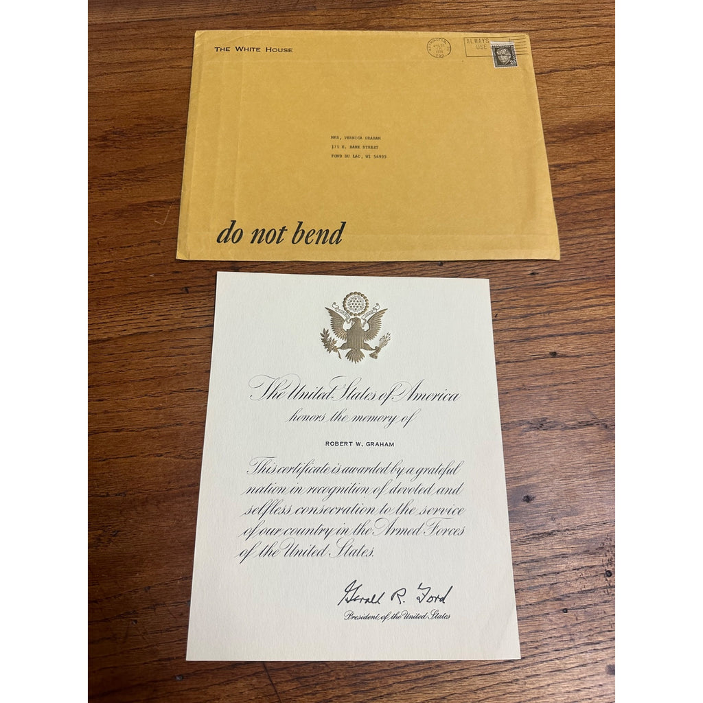 President Gerald R. Ford Signed Honors Armed Forces Memorial Certificate