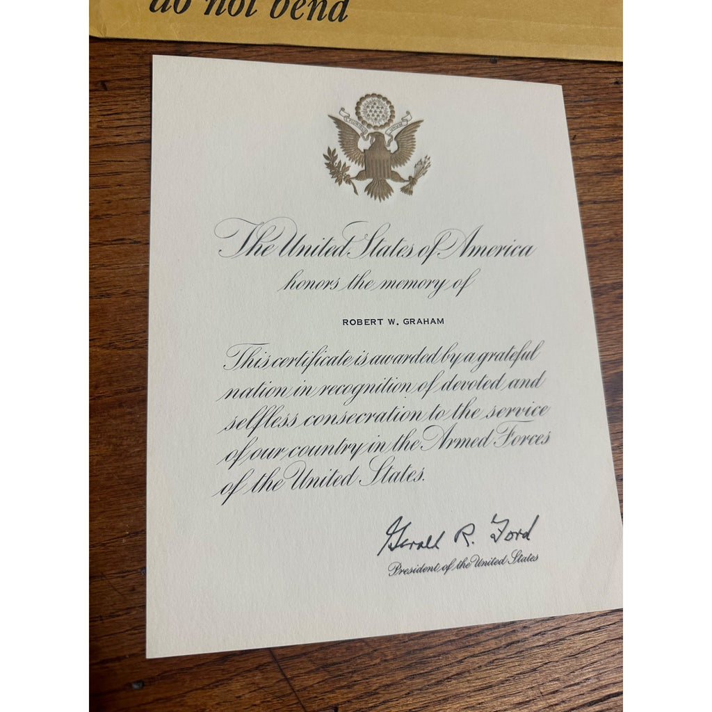 President Gerald R. Ford Signed Honors Armed Forces Memorial Certificate