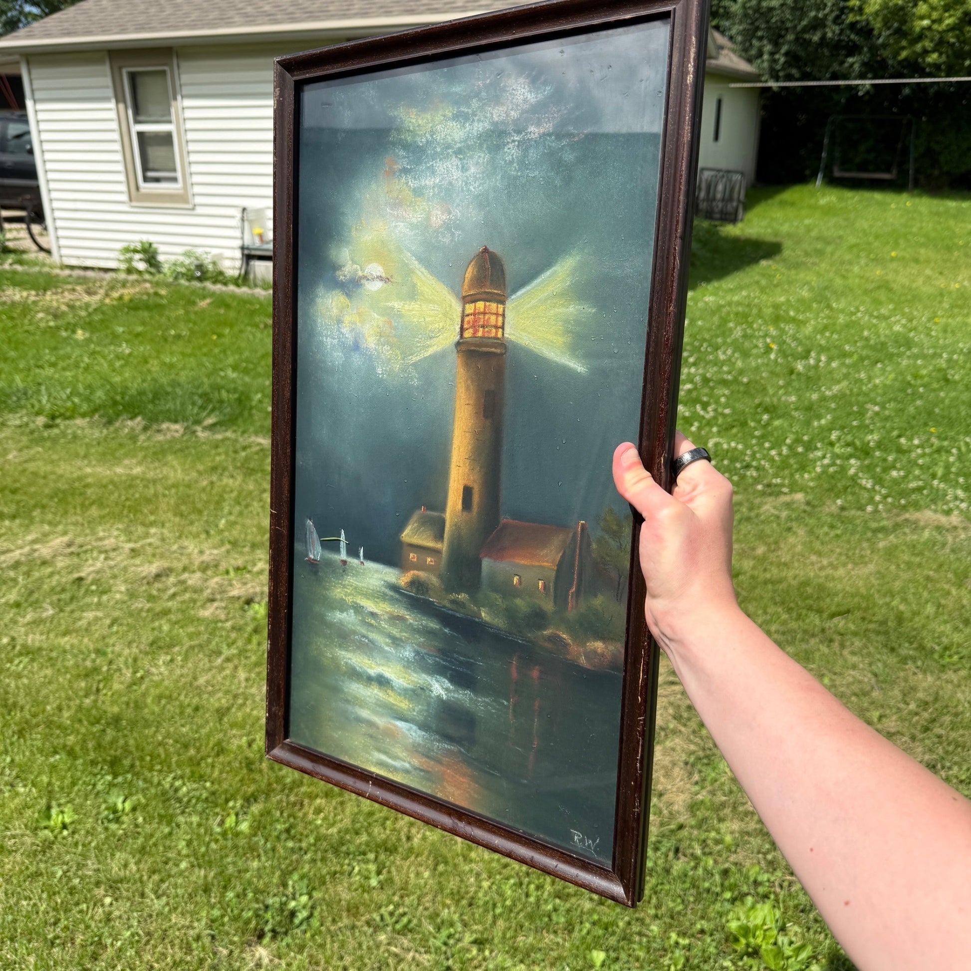 1915c Original Lighthouse Pastel Framed Ruth Wilhelm Waunakee Wis Artwork