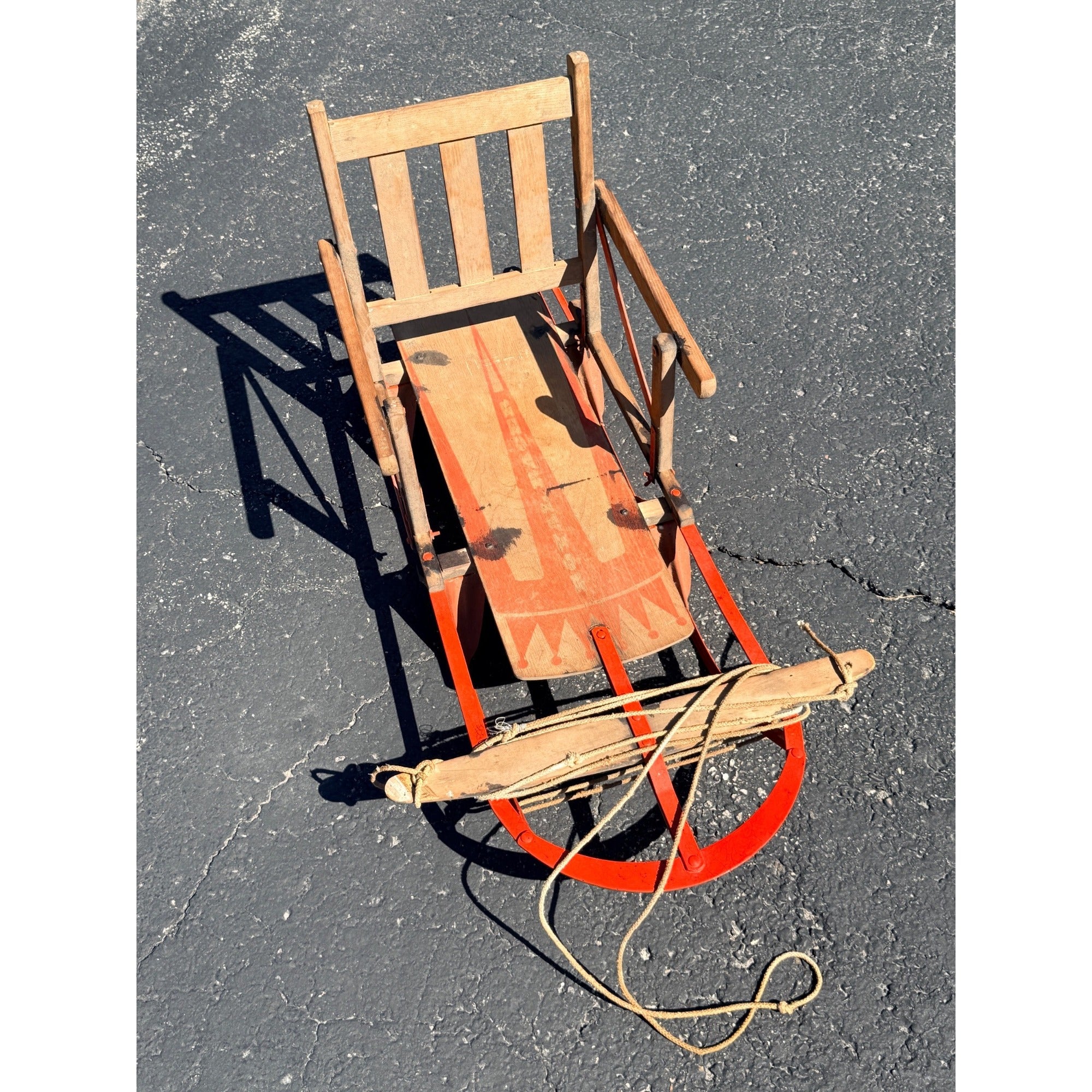 Antique Child’s Wood & Metal Snow Sled Red Painted Steering Sled Toboggan