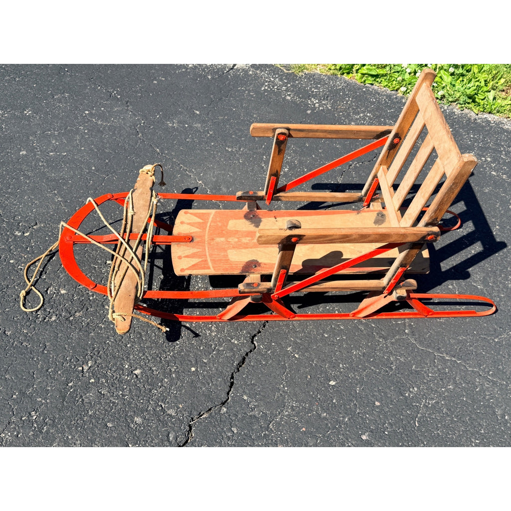 Antique Child’s Wood & Metal Snow Sled Red Painted Steering Sled Toboggan