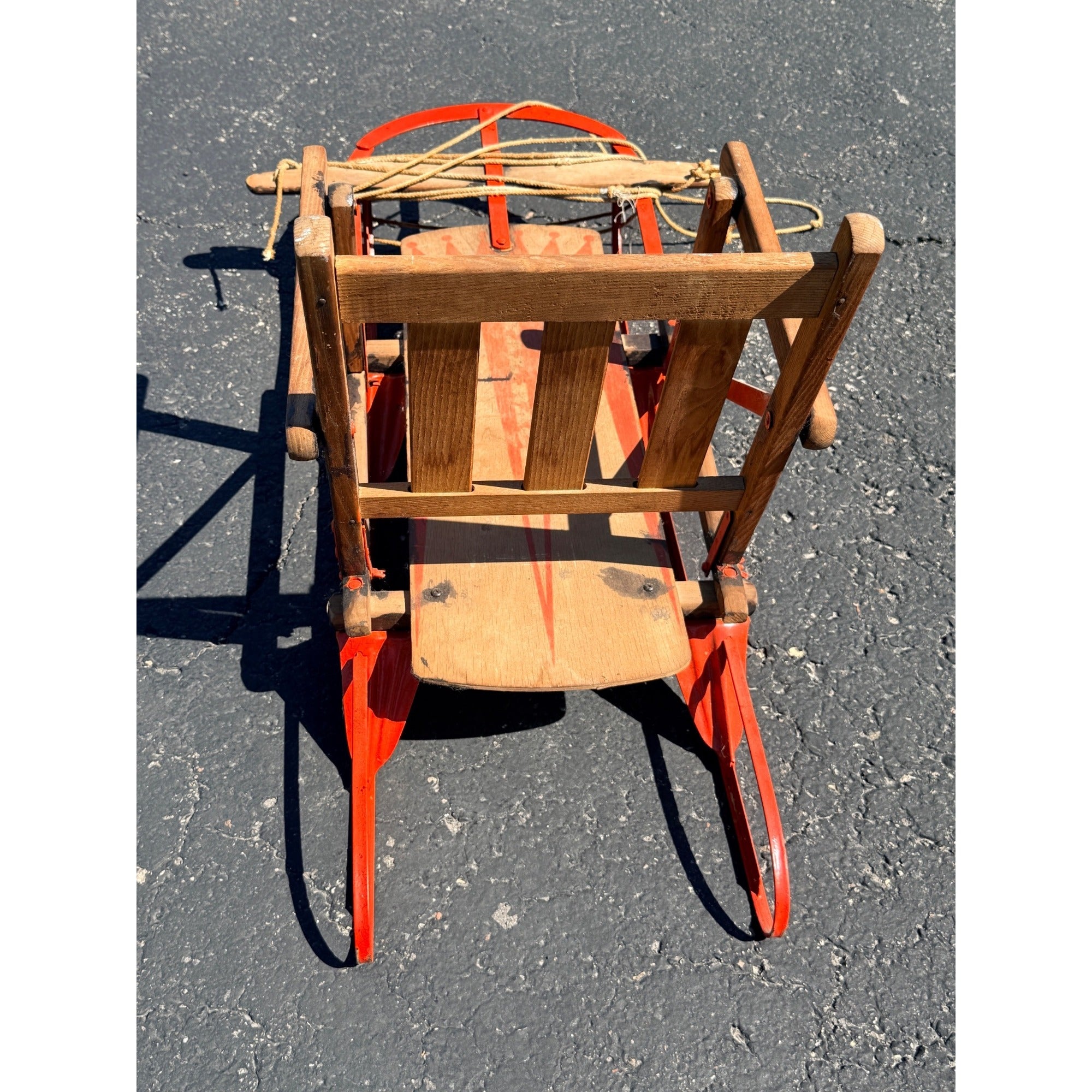 Antique Child’s Wood & Metal Snow Sled Red Painted Steering Sled Toboggan