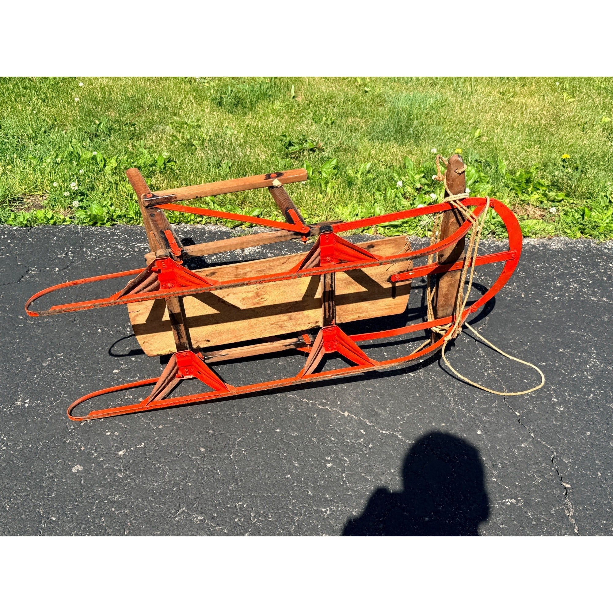 Antique Child’s Wood & Metal Snow Sled Red Painted Steering Sled Toboggan
