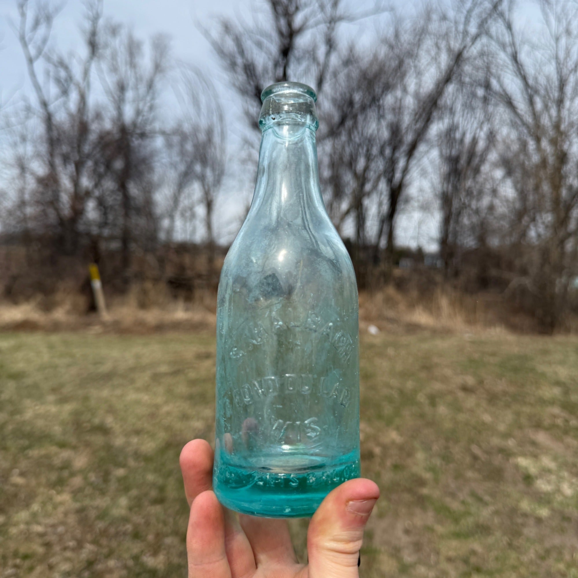 S. Halbach Fond du Lac Wisconsin Embossed Teal Glass Color Soda Bottle