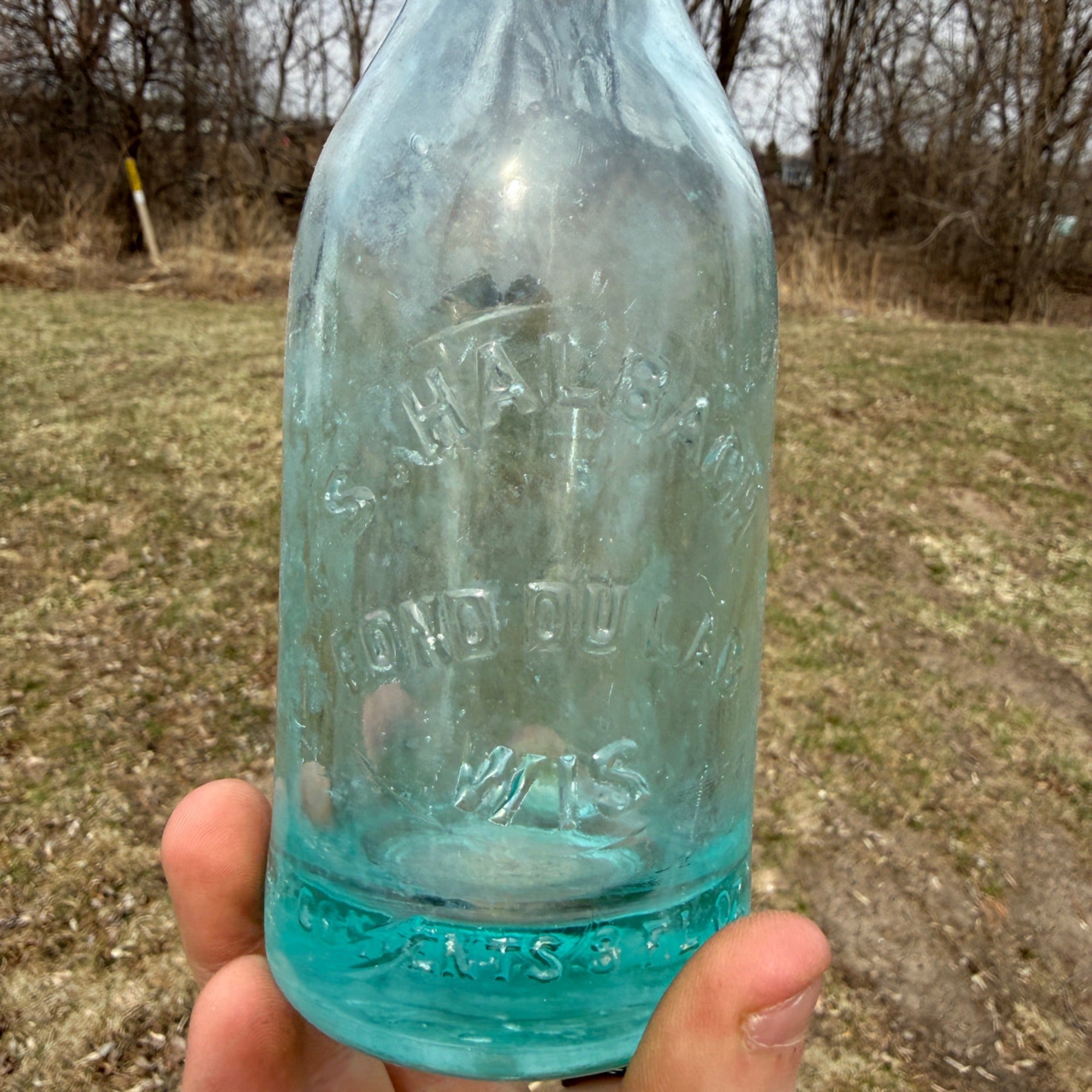 S. Halbach Fond du Lac Wisconsin Embossed Teal Glass Color Soda Bottle