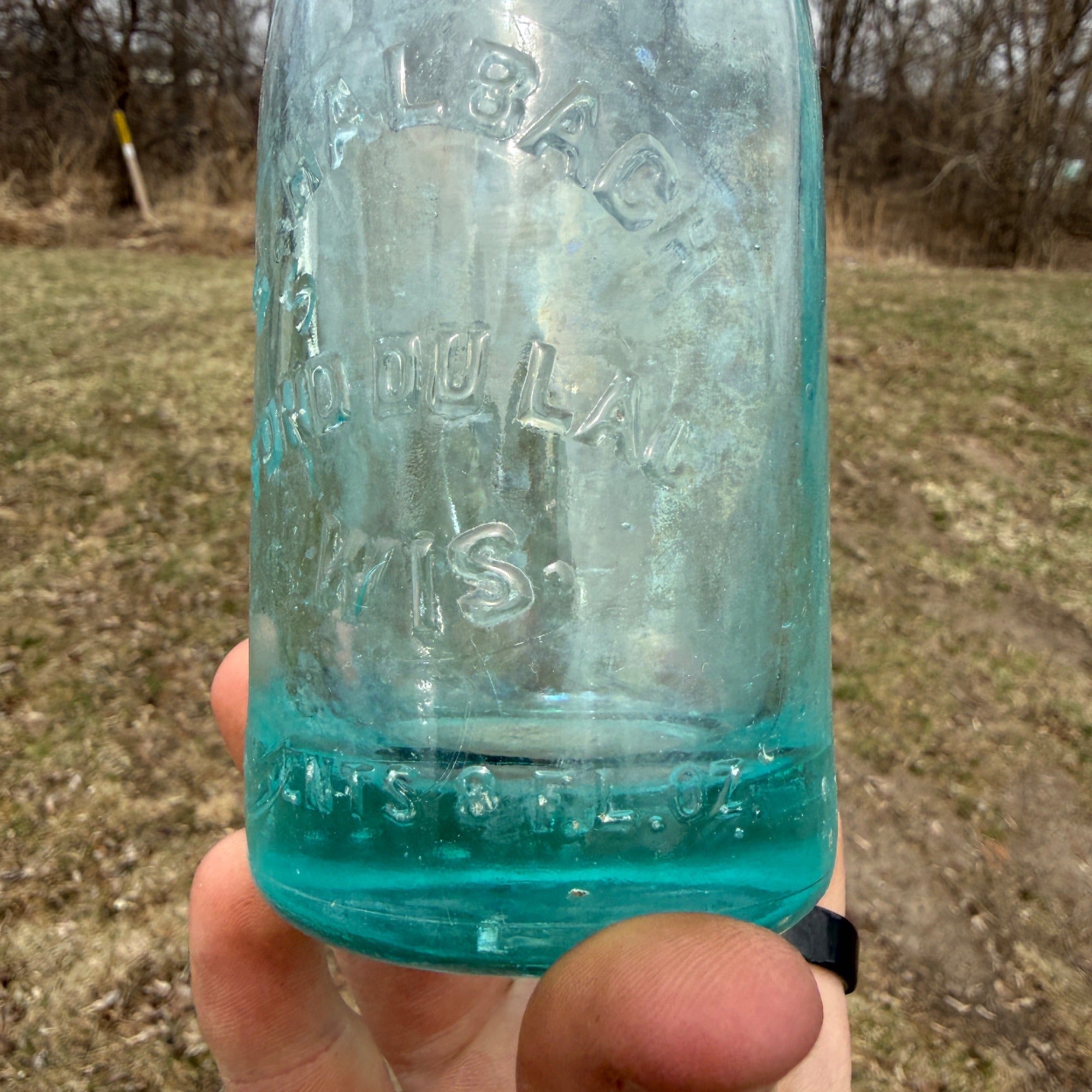 S. Halbach Fond du Lac Wisconsin Embossed Teal Glass Color Soda Bottle