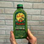 ANTIQUE KELLOGGS CATOR OIL VINTAGE MEDICINE 7UP GREEN BOTTLE TIN LID PHARMACY