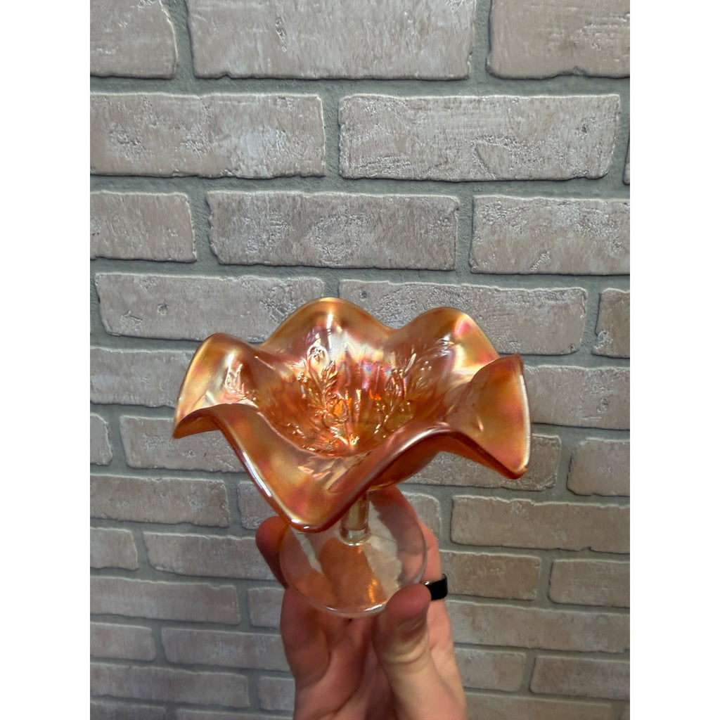 VTG Fenton Carnival Glass Compote Marigold Holly & Berry 4"H Iridescent Footed