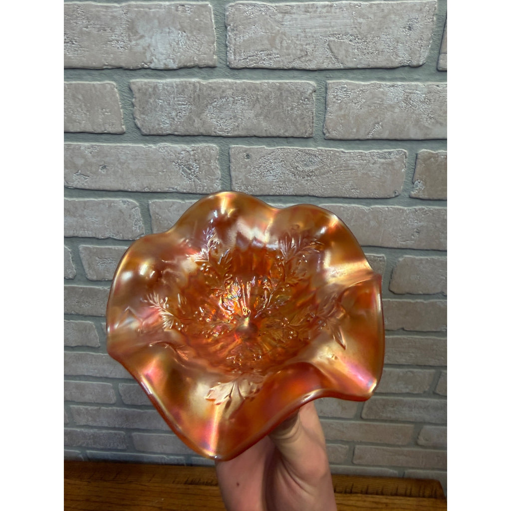 VTG Fenton Carnival Glass Compote Marigold Holly & Berry 4"H Iridescent Footed