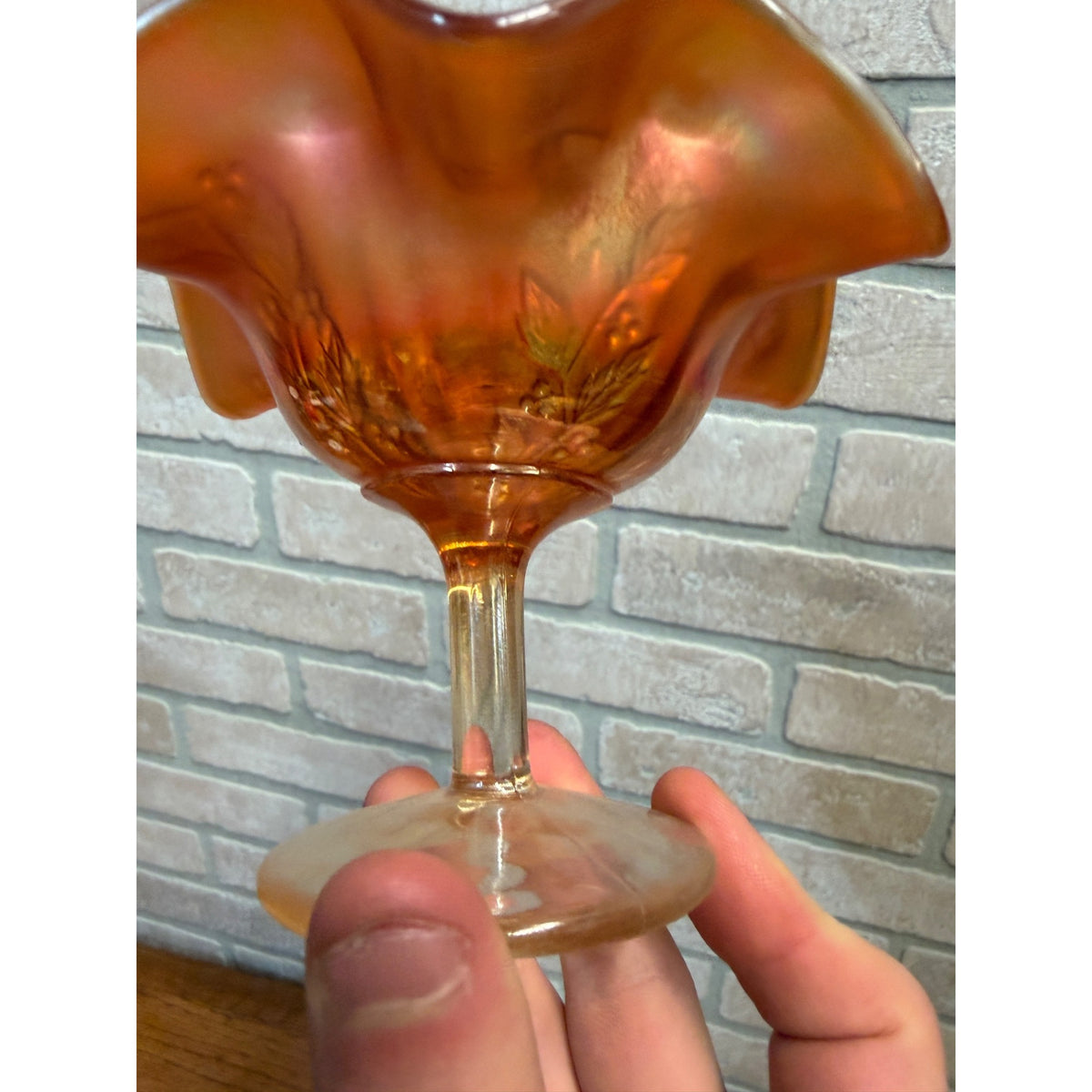 VTG Fenton Carnival Glass Compote Marigold Holly & Berry 4"H Iridescent Footed