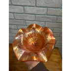 VTG Fenton Carnival Glass Compote Marigold Holly & Berry 4"H Iridescent Footed
