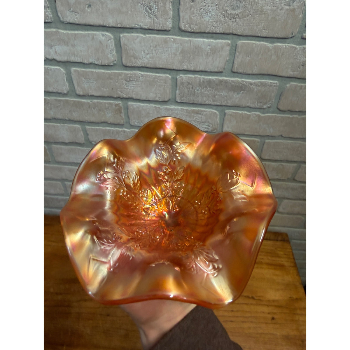 VTG Fenton Carnival Glass Compote Marigold Holly & Berry 4"H Iridescent Footed